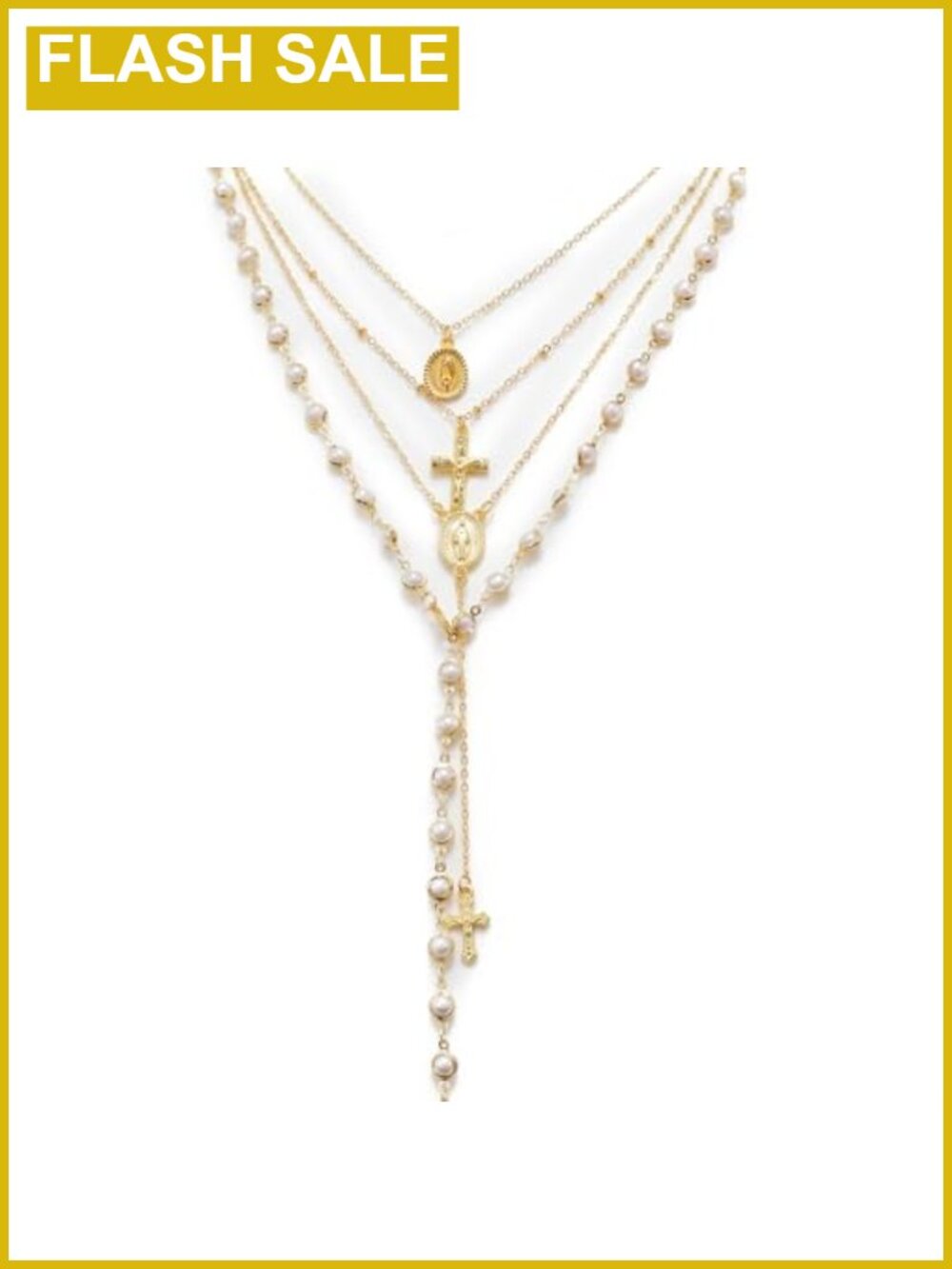 Gold-Tone Faux Pearl Cross Necklace Stack